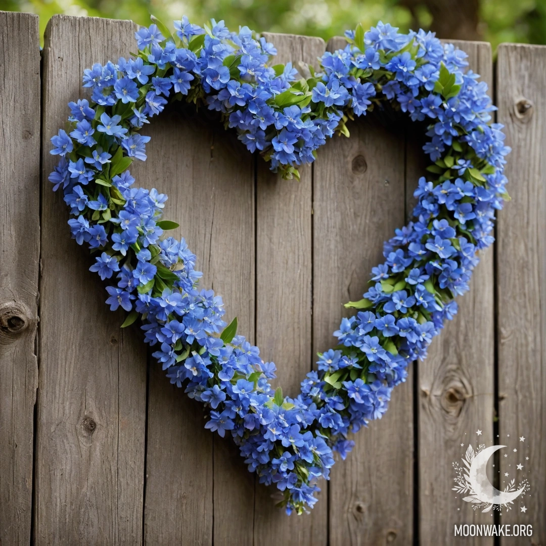 Крупный план старого деревянного забора, украшенного цветочной гирляндой в форме сердца из голубых цветов и светящихся огоньков.