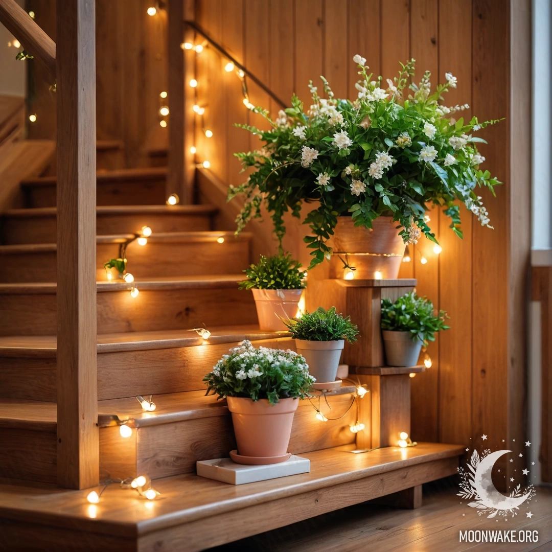 Живописная деревянная лестница, украшенная цветочными горшками и сверкающими гирляндами.