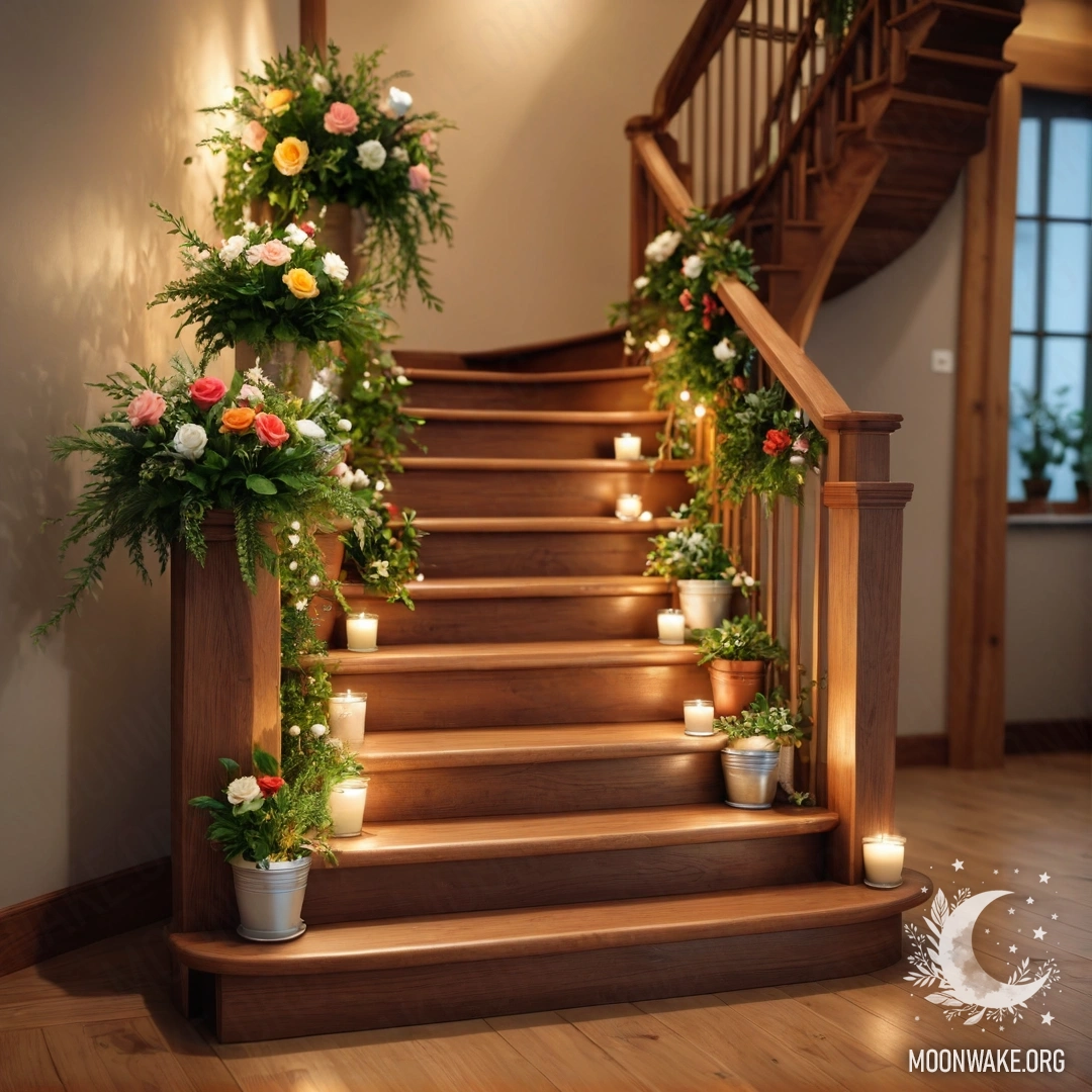 Деревянная лестница, украшенная цветочными горшками и нежными гирляндами lights.