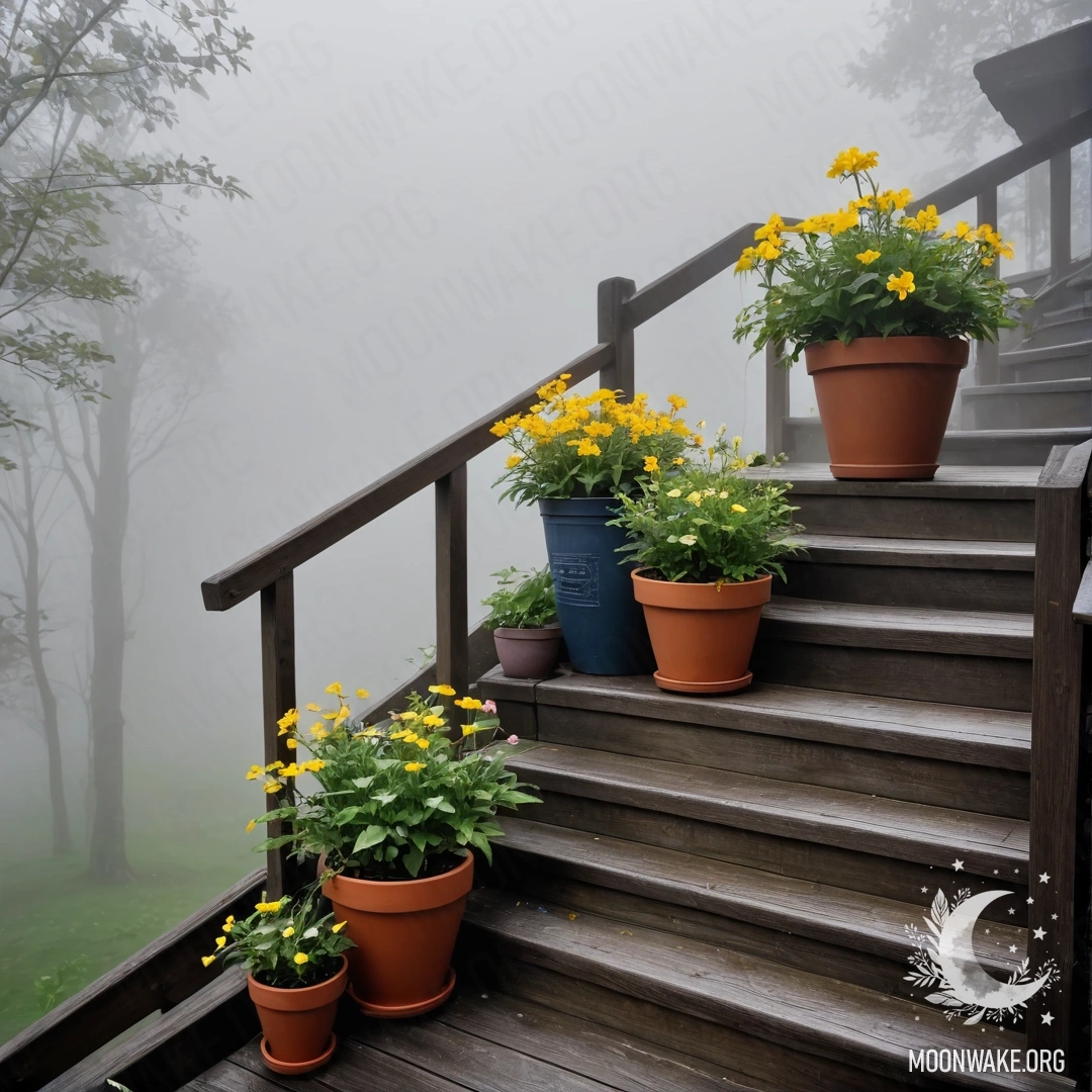 Абстрактное изображение деревянной лестницы, окруженной цветочными горшками в густом тумане.