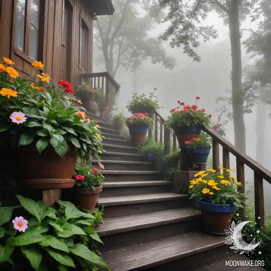 Деревянная лестница, окруженная густым туманом и цветочными горшками.