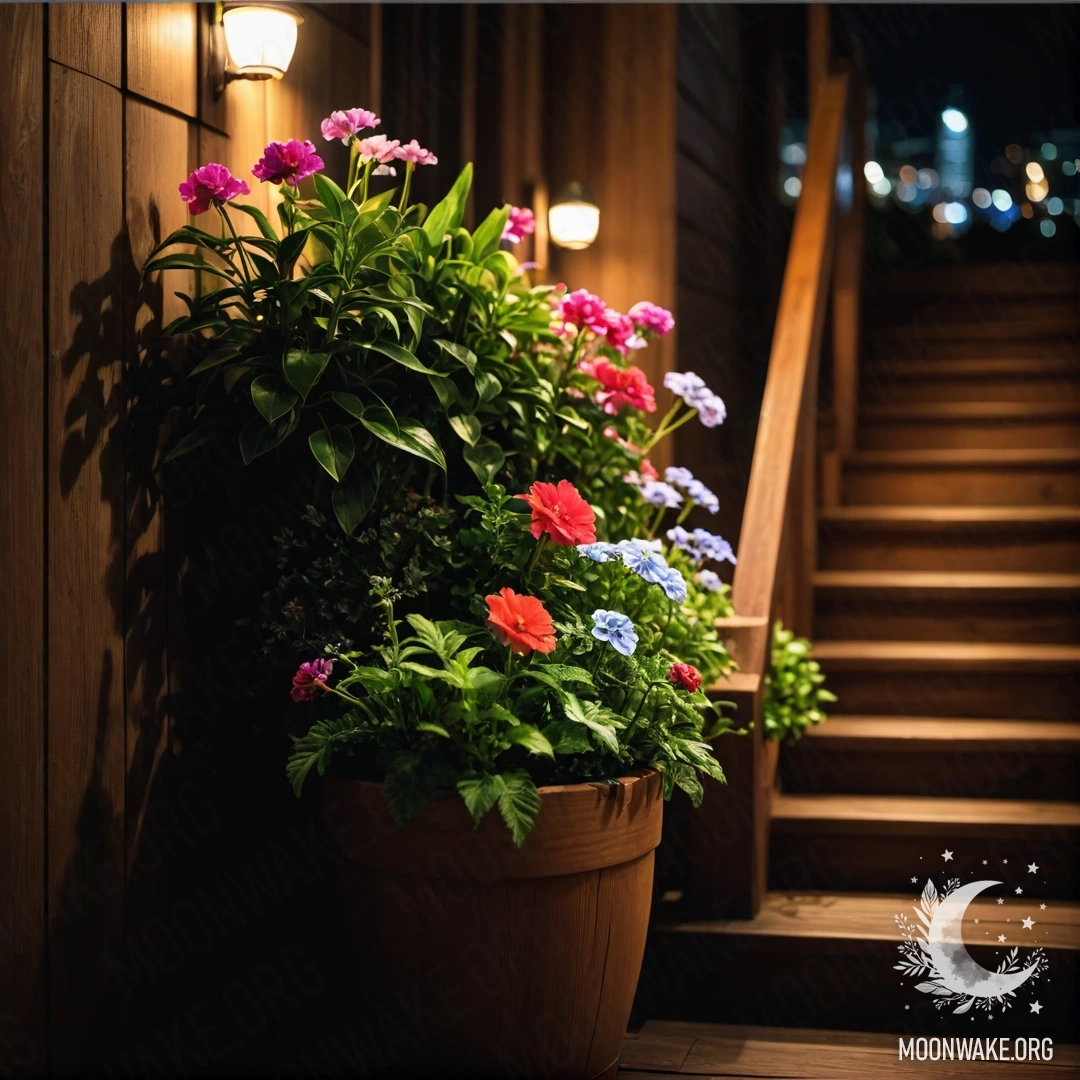 Деревянная лестница, украшенная цветочными горшками под ночным небом.