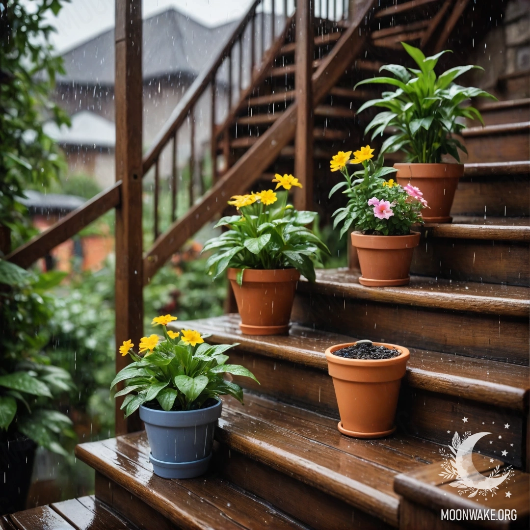 Уютная деревянная лестница, украшенная цветочными горшками под дождем.