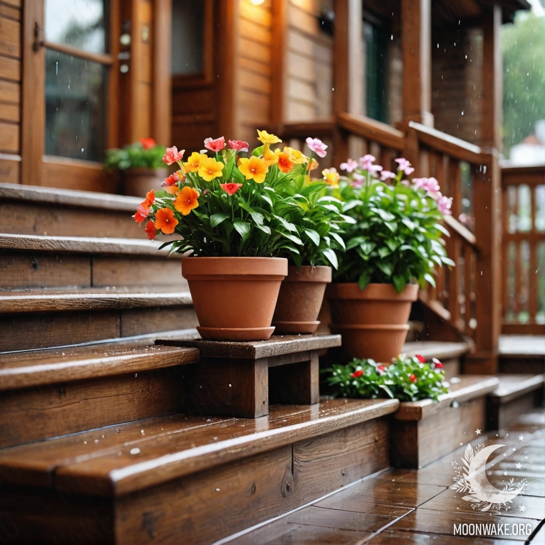 Деревянная лестница, украшенная горшками с цветами под нежным дождем.