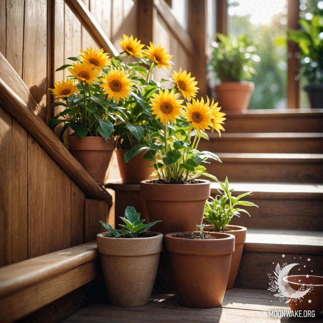 Деревянная лестница, украшенная цветочными горшками, мягко освещенная солнечными лучами.