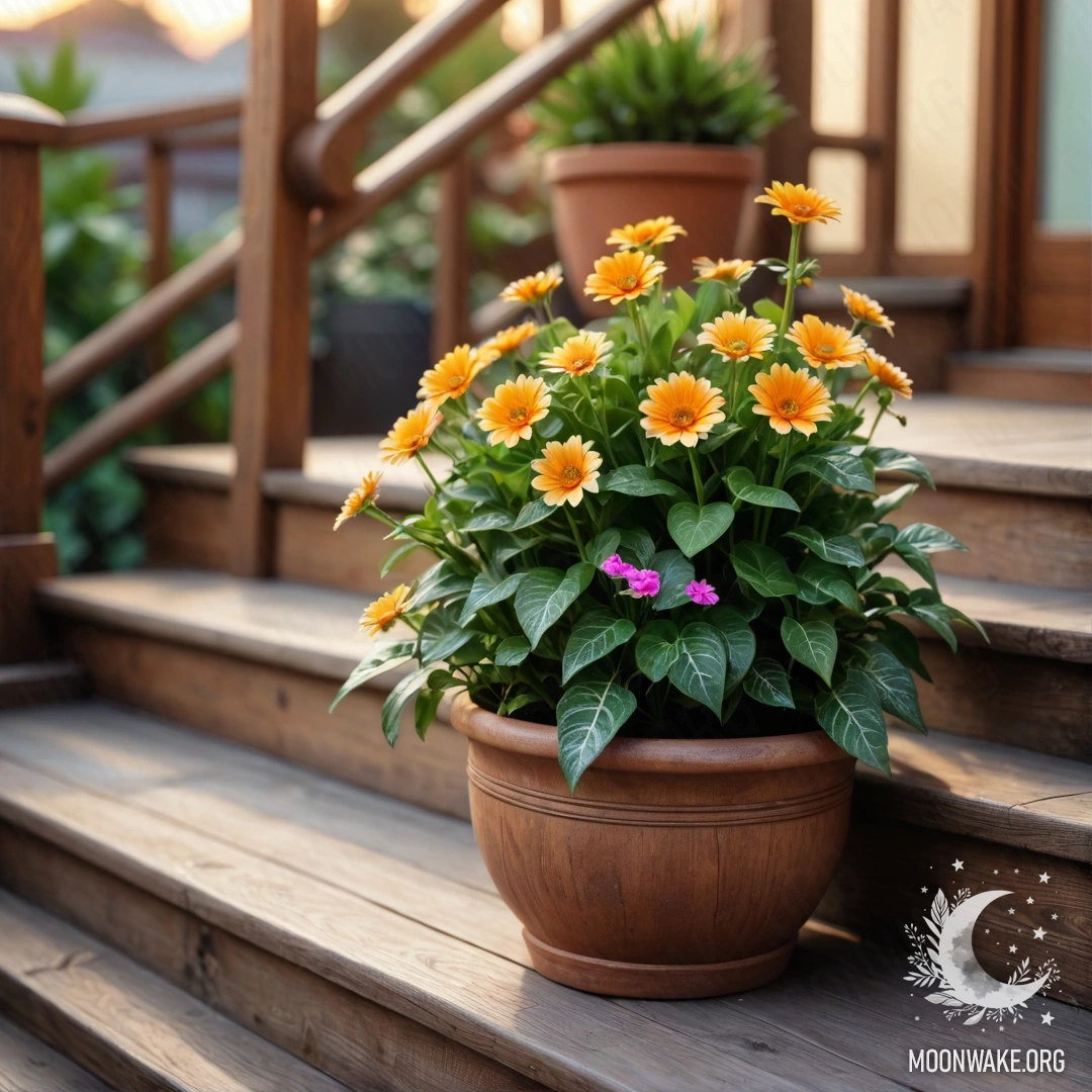 Деревянная лестница, украшенная цветочными горшками, окутанная тёплым светом заката.