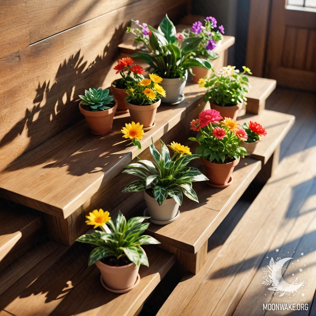 Очаровательный вид на деревянную лестницу, украшенную цветочными горшками на солнечном свете.