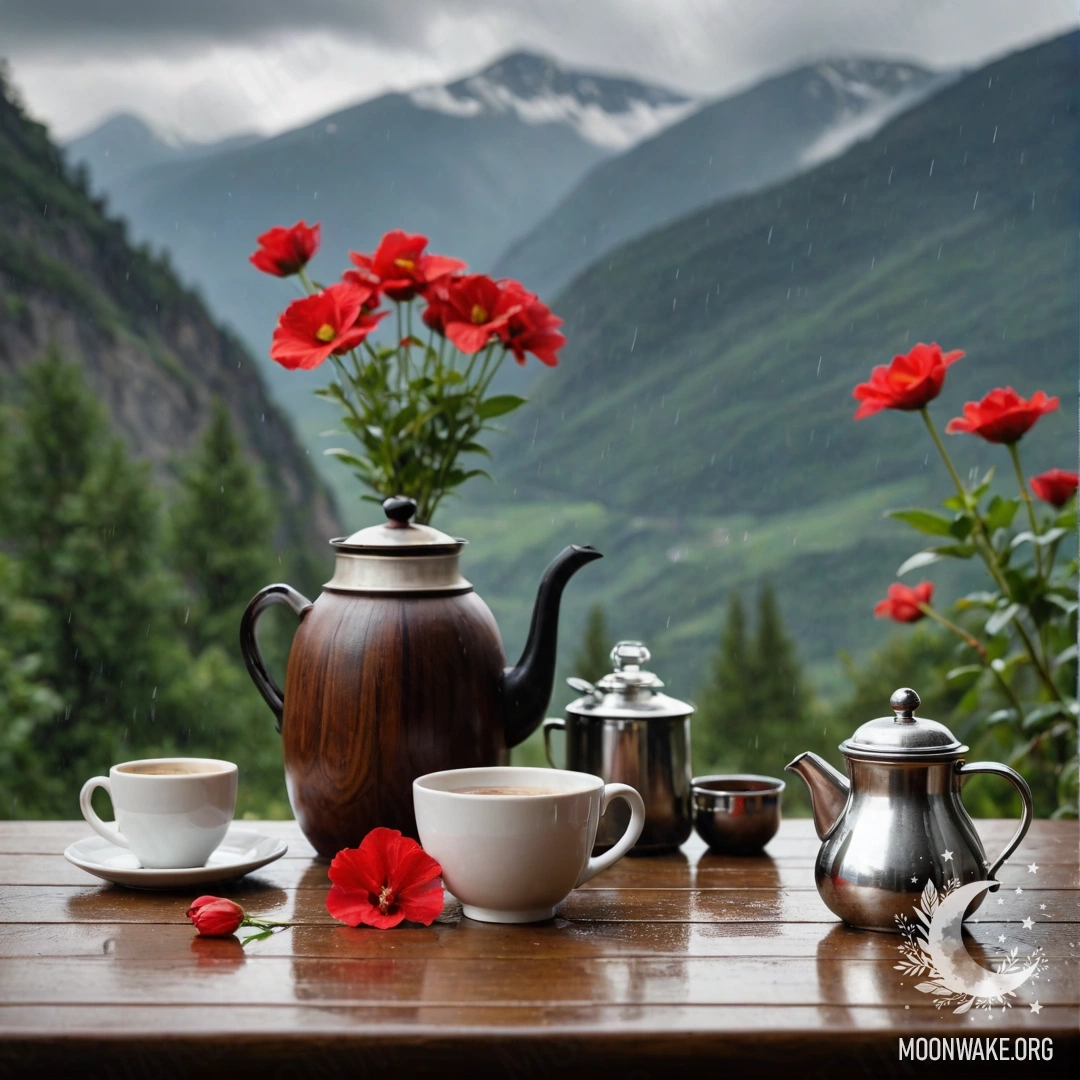 Фотореалистичное изображение деревянного стола с банкой красных цветов, кофейником и чашками на фоне гор под дождем.