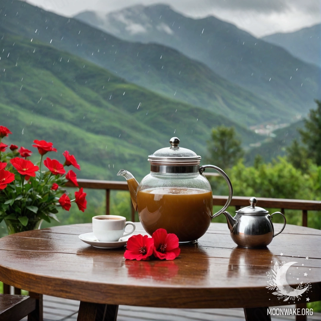 Фотоградостическое изображение деревянного стола, украшенного банкой с красными цветами, кофейником и чашками на фоне гор под дождем.