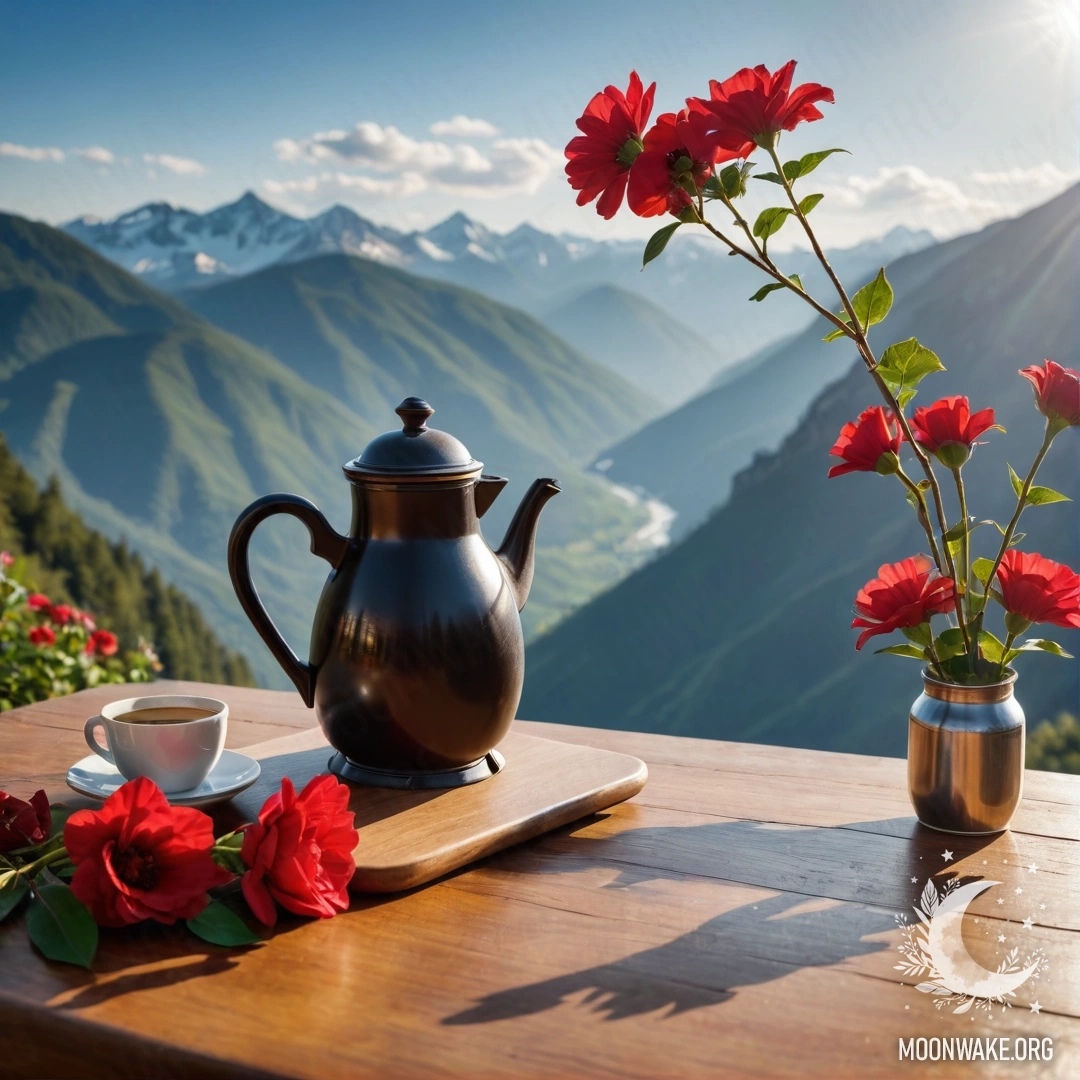 Деревянный стол на фоне гор с цветами и кофе.