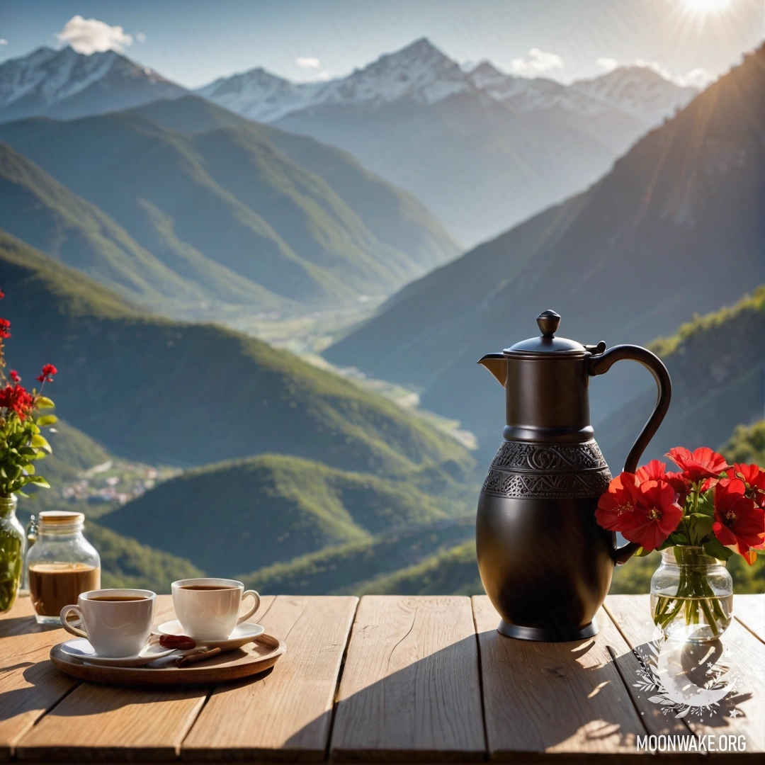 Деревянный стол с банкой красных цветов, кофейником и чашками на фоне гор и солнечных лучей.