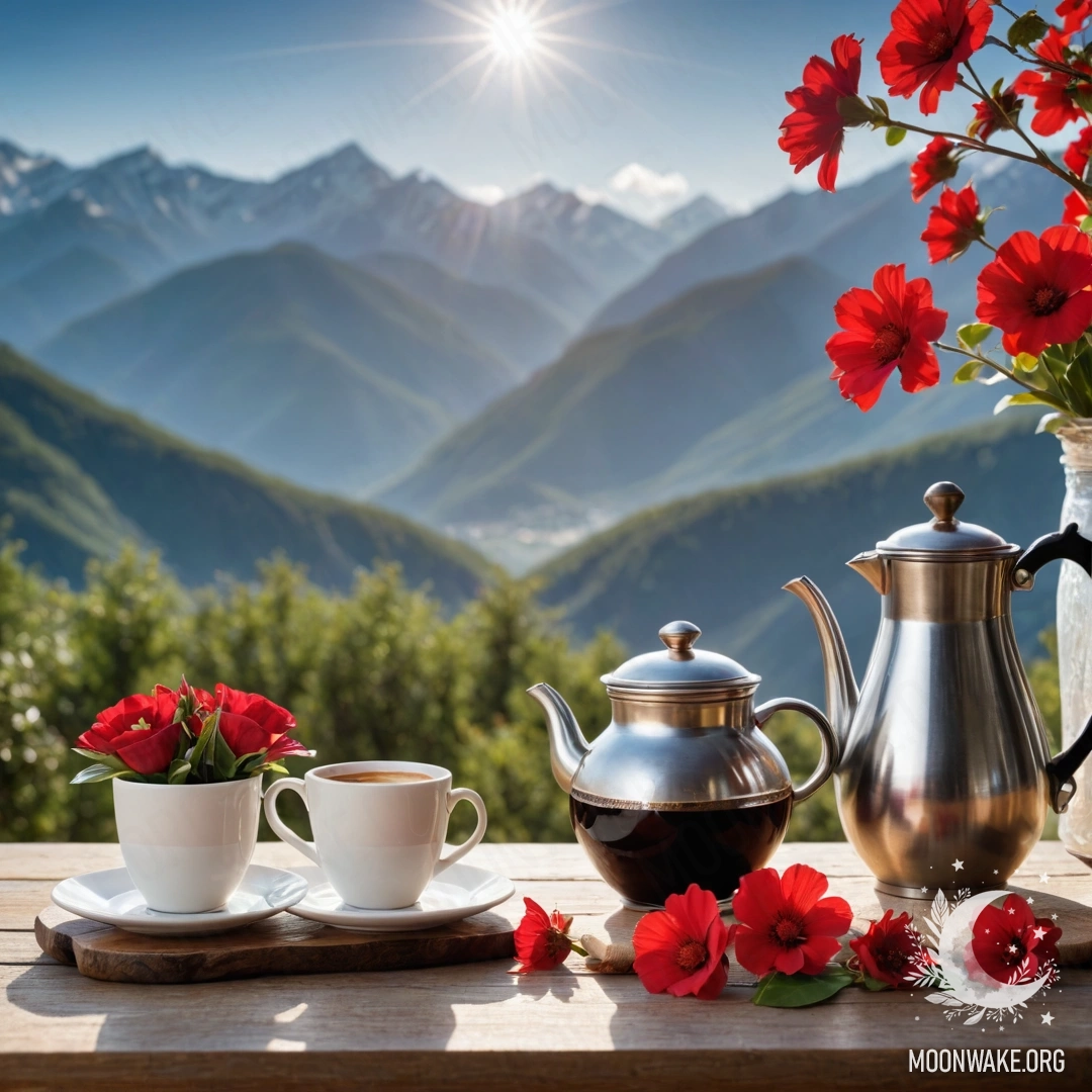 Сживой видом на деревянный стол, украшенный красными цветами, кофейником и чашками на фоне величественных гор, освещенный мягкими солнечными лучами.