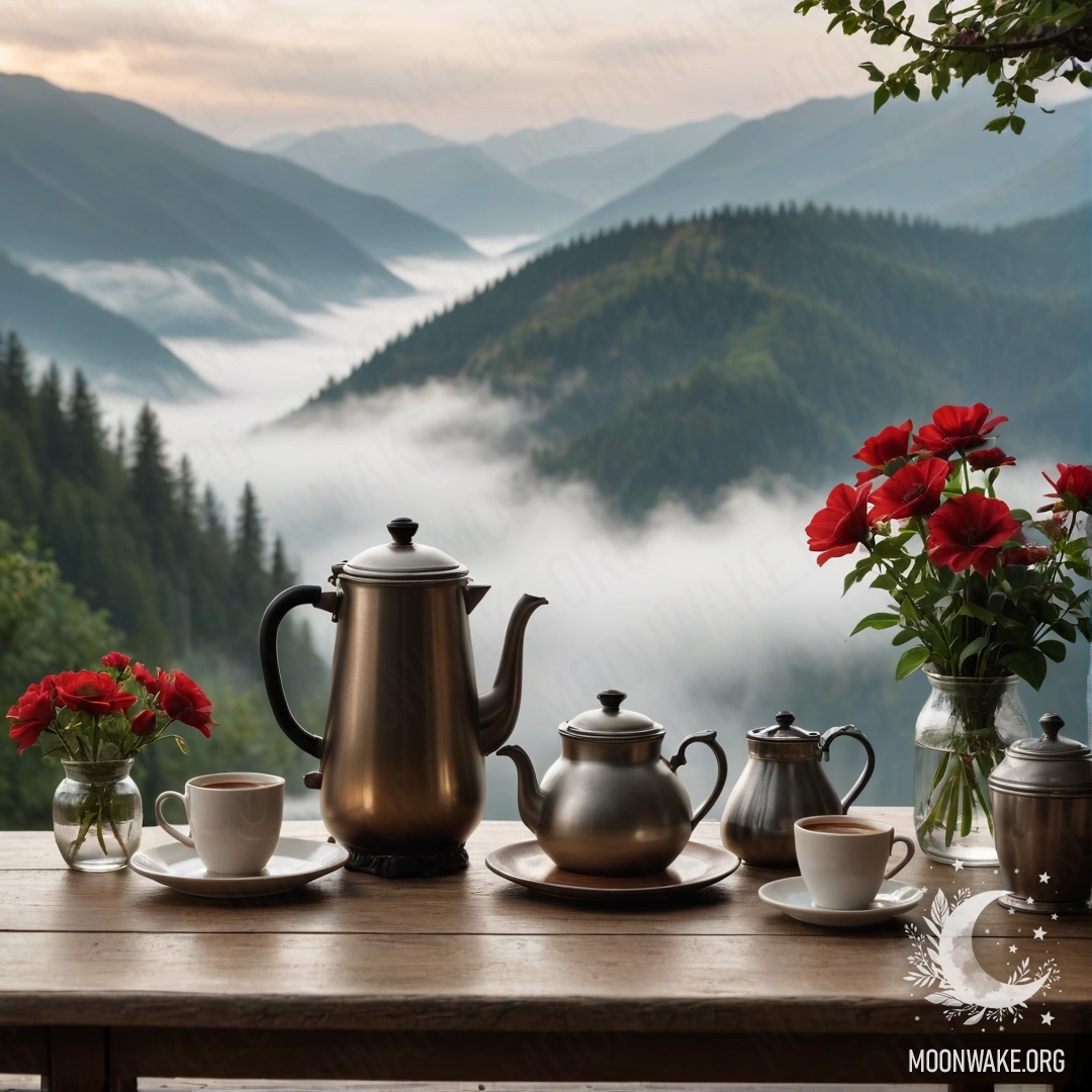 Деревянный стол с банкой красных цветов, кофейником и чашками на фоне горного пейзажа в густом тумане.