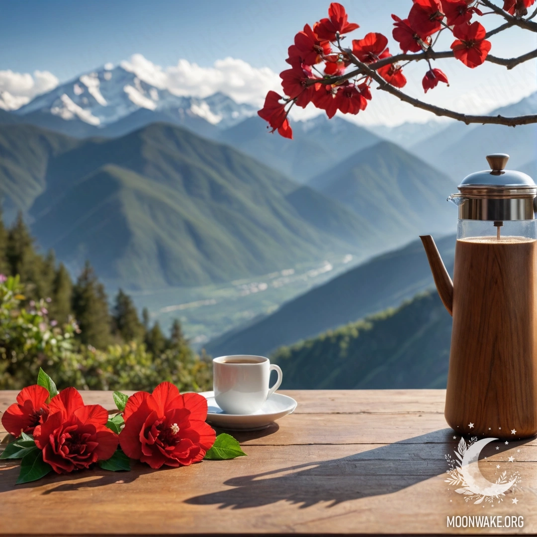 Деревянный стол с красными цветами, кофейником и чашками на фоне величественных гор.