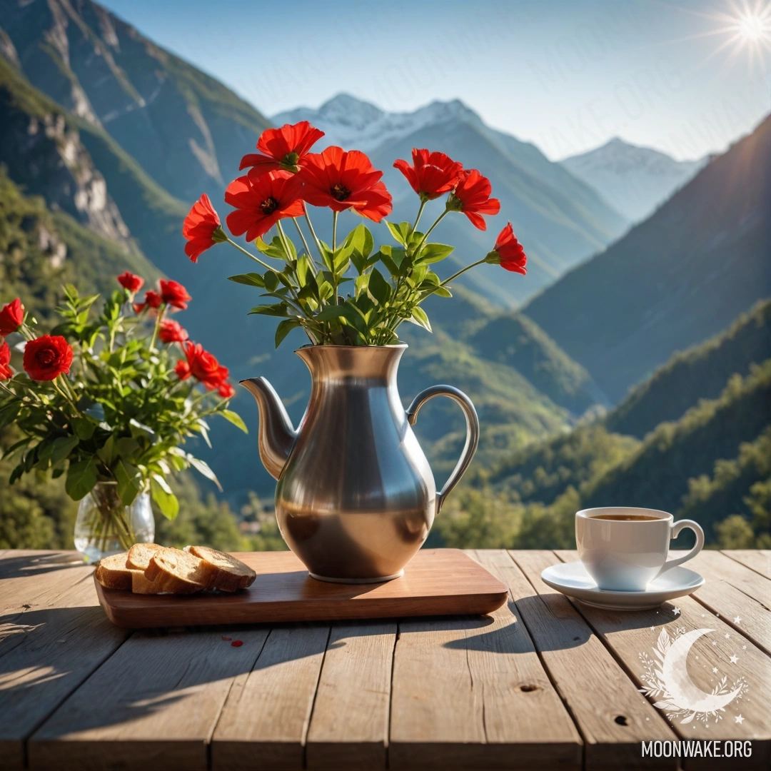 Деревянный стол, украшенный вазой с красными цветами и кофейником, на фоне гор, освещаемый солнечными лучами.
