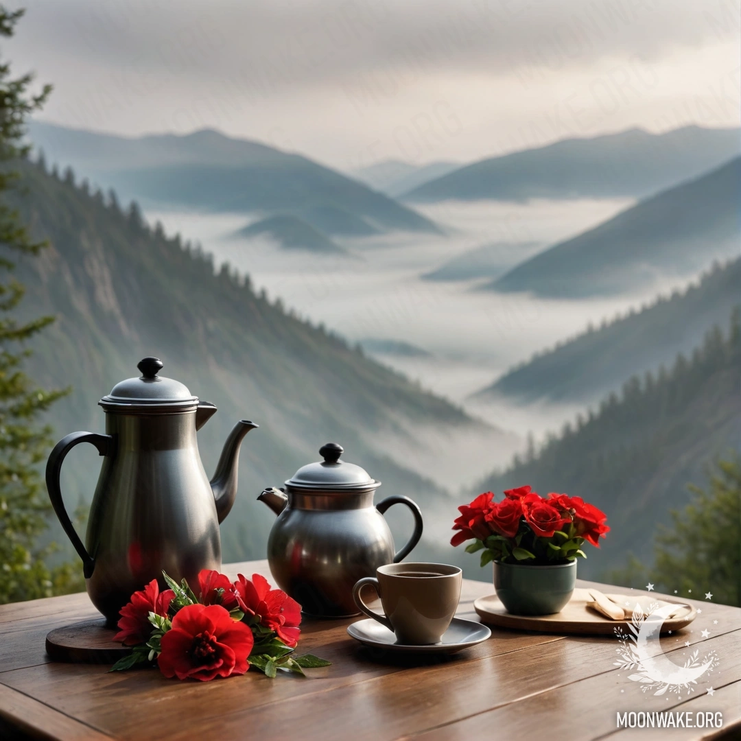 Абстрактный деревянный стол на фоне гор в тумане, на столе банка с красными цветами, кофейник и чашки.