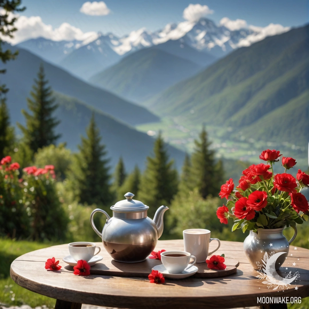 Деревянный стол с банкой красных цветов, кофейником и чашками, окружёнными гирляндами, на фоне гор.