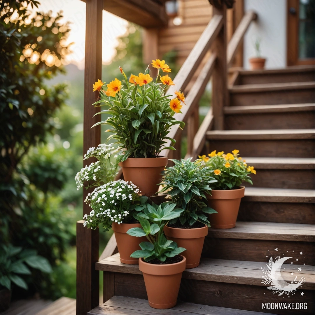 Деревянный стол с банкой красных цветов, кофейником и чашками на фоне гор.