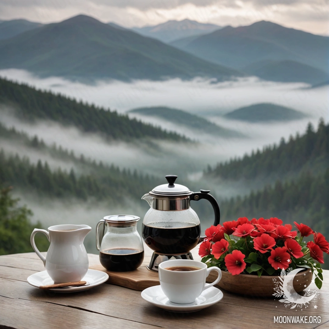 Абстрактный деревянный стол на фоне гор в тумане с банкой красных цветов, кофейником и чашками.