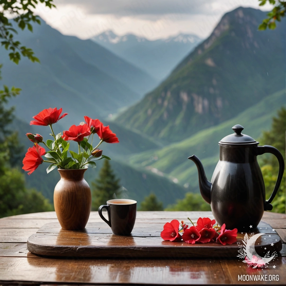 Абстрактный деревянный стол на фоне гор, украшенный банкой с красными цветами, кофе-горшком и чашками под дождем.