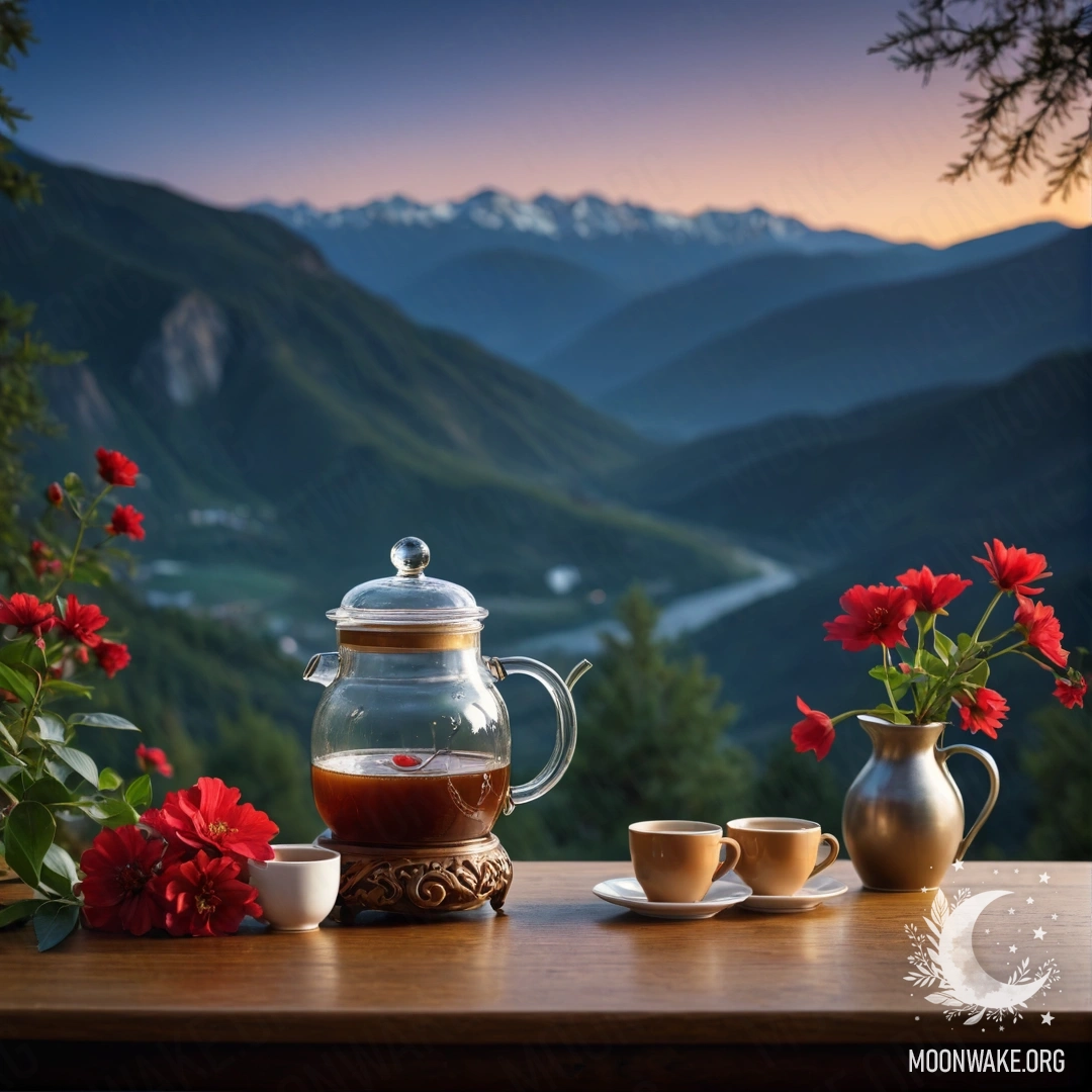 Успокаивающий деревянный стол с банкой красных цветов, кофейником и чашками на фоне гор ночью.