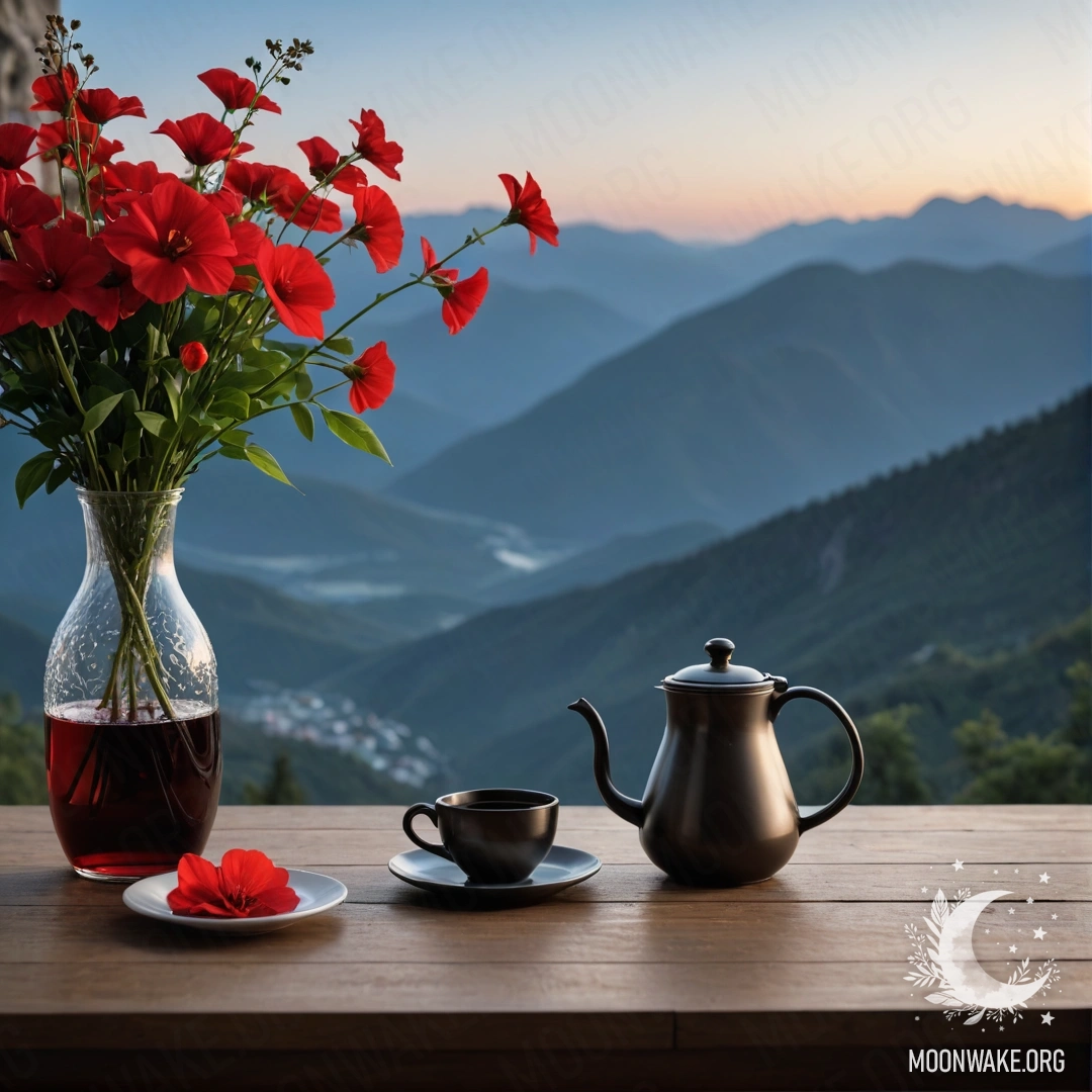 Деревянный стол, украшенный банкой с красными цветами, кофейником и чашками, на фоне гор ночью.