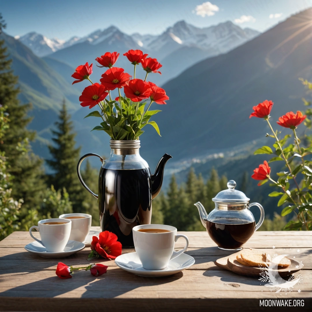 Деревянный стол с банкой красных цветов, кофейником и чашками, на фоне гор с проникающим солнечным светом.