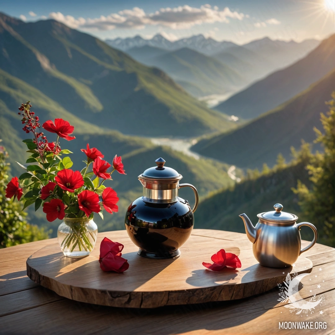 Деревянный стол, украшенный банкой с красными цветами, кофейником и чашками, на фоне великолепного горного пейзажа, залитого солнечными лучами.