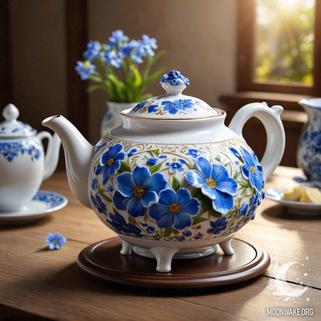 Круглый деревянный стол, украшенный фарфоровым чайником, наполненным синими цветами под солнечными лучами.