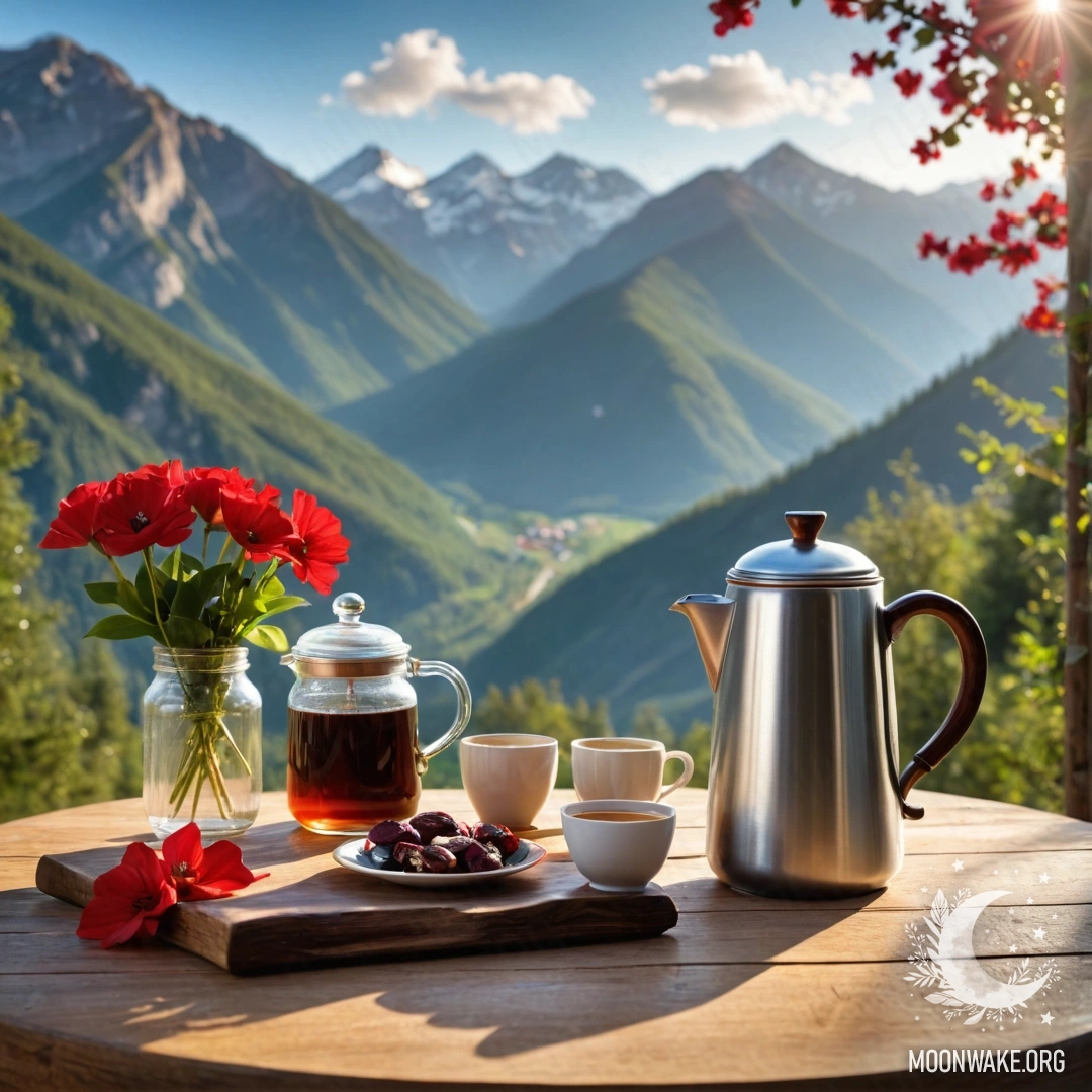 Красивый деревянный стол с банкой красных цветов, кофейником и чашками на фоне живописных гор и солнечных лучей.