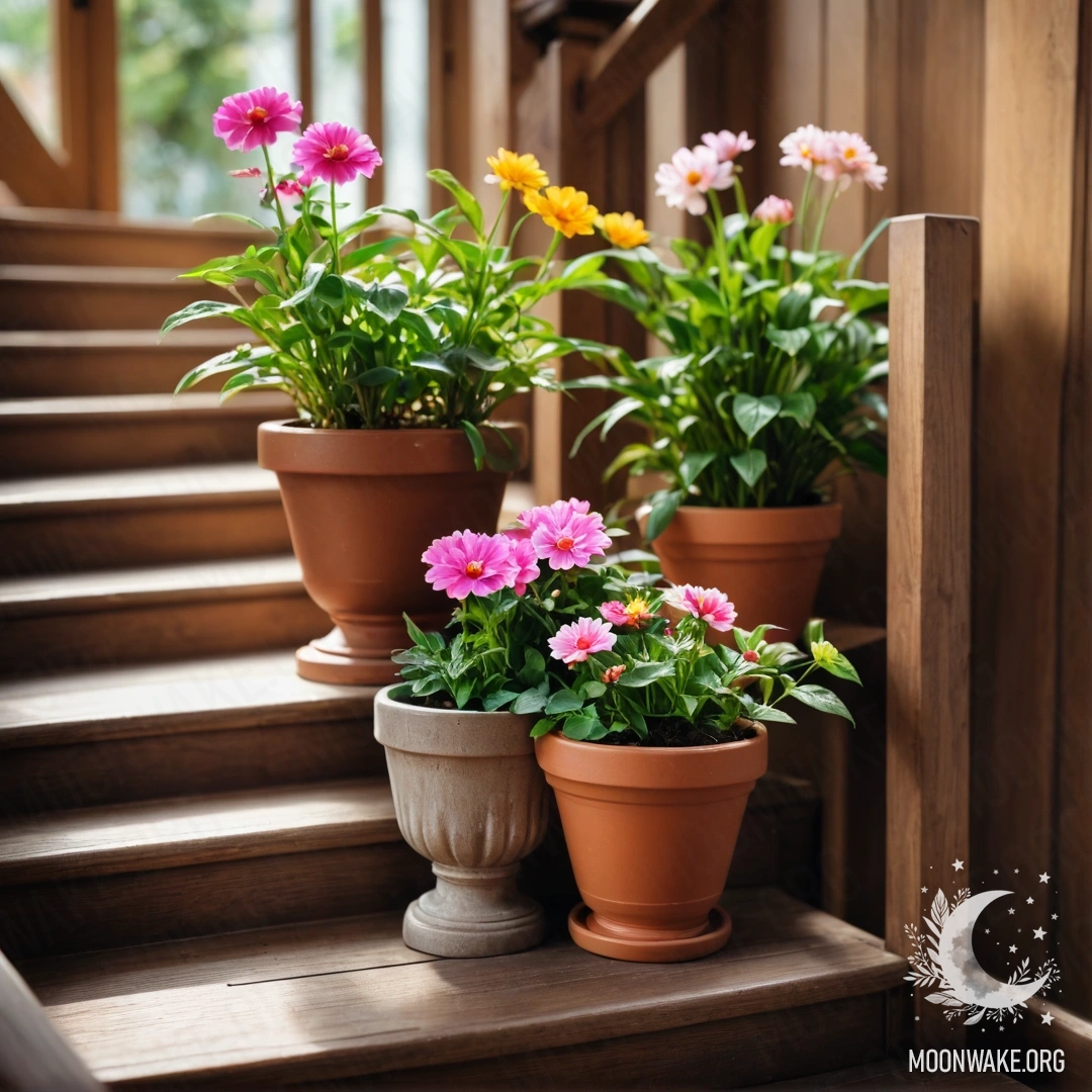 Старинный деревянный стол с банкой красных цветов, кофейником и чашками, подсвеченный гирляндой, на фоне гор.