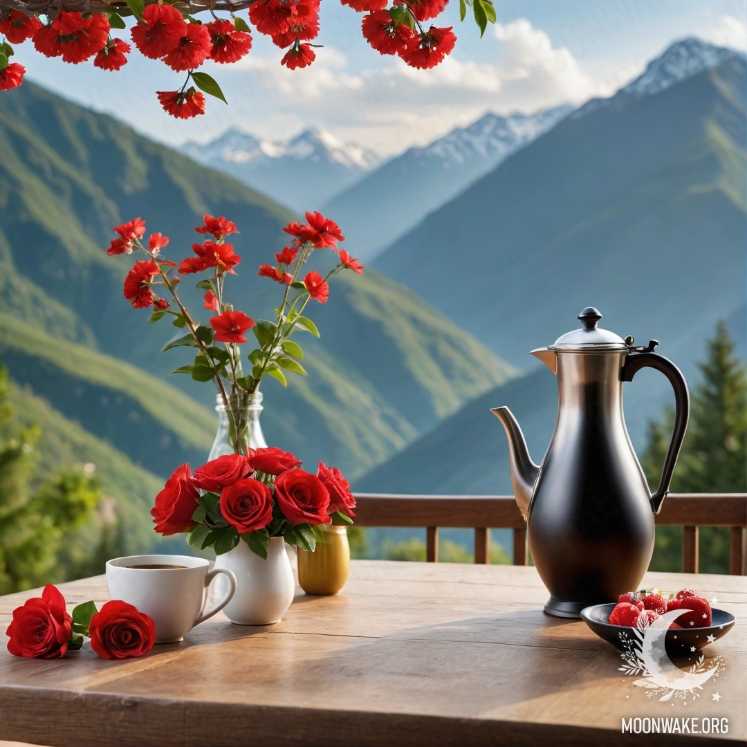 Деревянный стол, украшенный банкой с красными цветами, кофейником и чашками, подсвеченный гирляндой, на фоне гор.