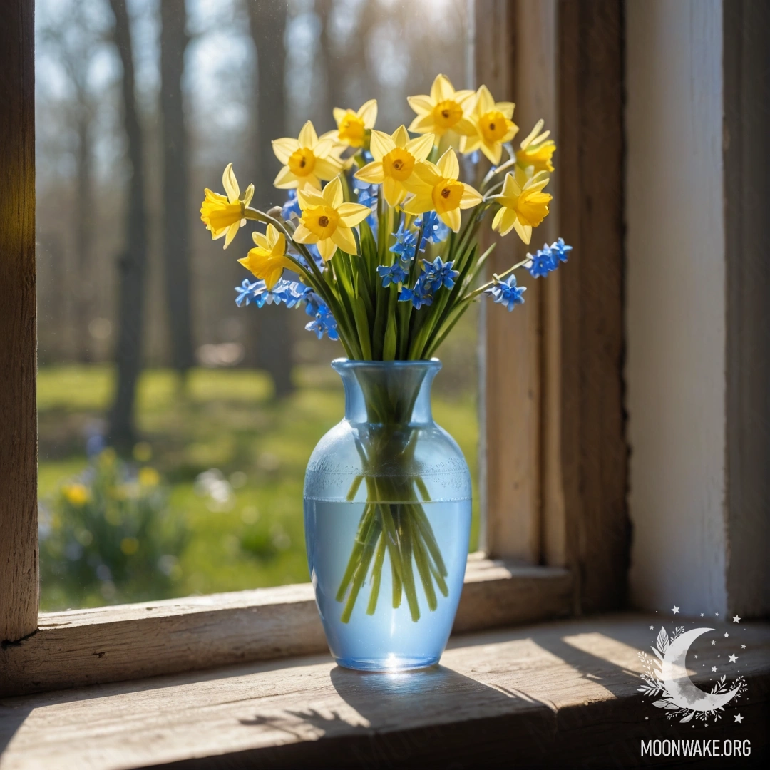 Деликатная белая фарфоровая ваза с нарциссами и незабудками на старом деревянном подоконнике, освещенная нежными солнечными лучами.