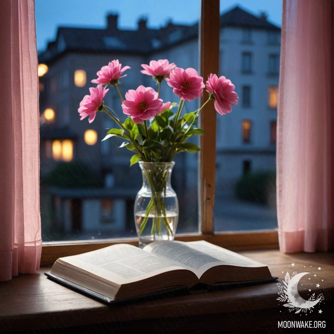 Фотография, изображающая старый деревянный подоконник с потрепанной книгой и серой вазой с розовыми цветами на фоне розовой шторы в ночное время.