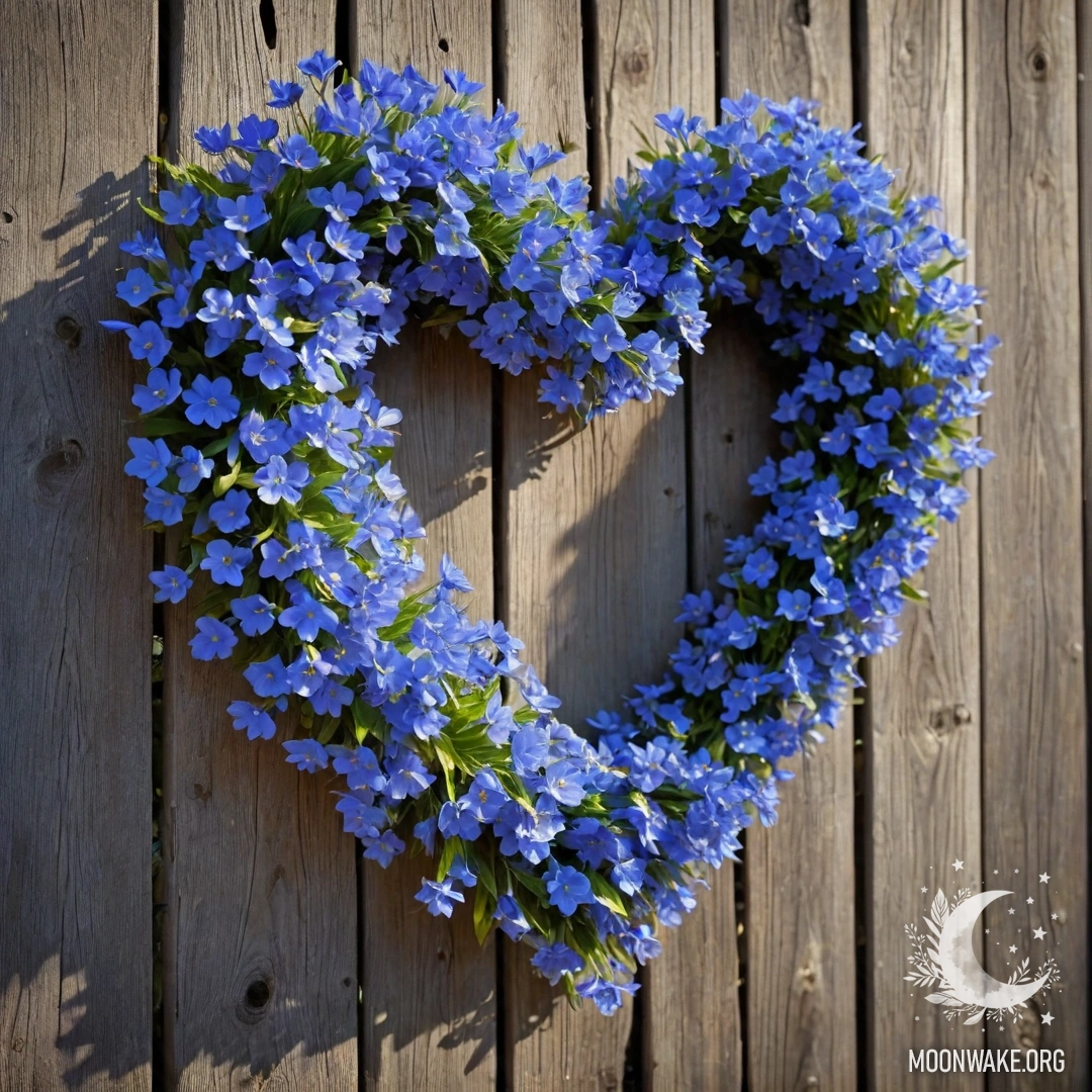 Крупный план старого деревянного забора, украшенного венком в форме сердца из голубых цветов с солнечными лучами.